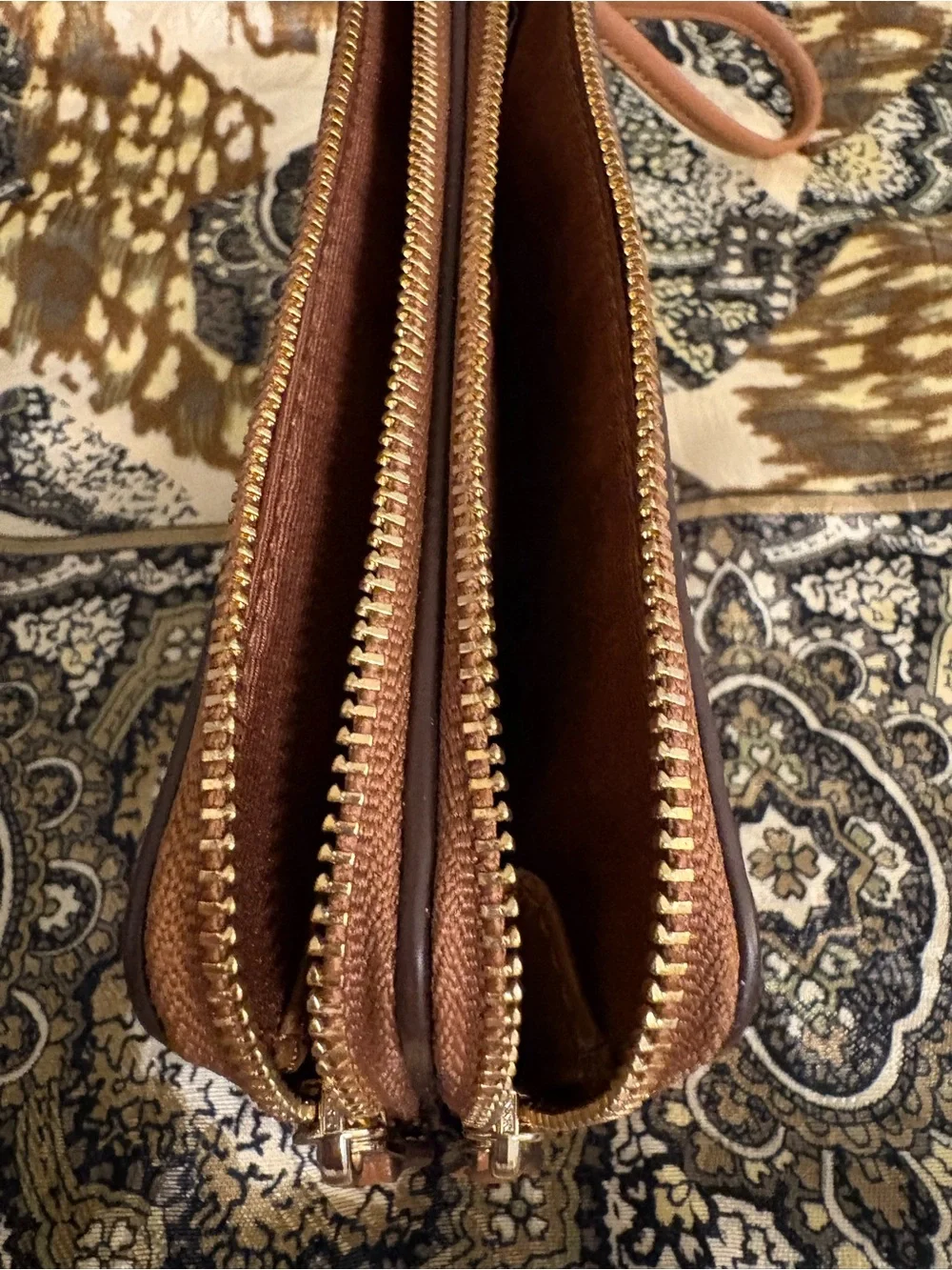 COACH Saddle Tan Leather Dual Zip Wristlet Pouch